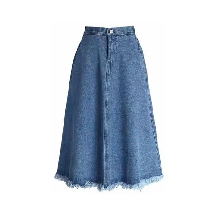 Custom Blue Denim A-Line Maxi Skirt with Frayed Hem